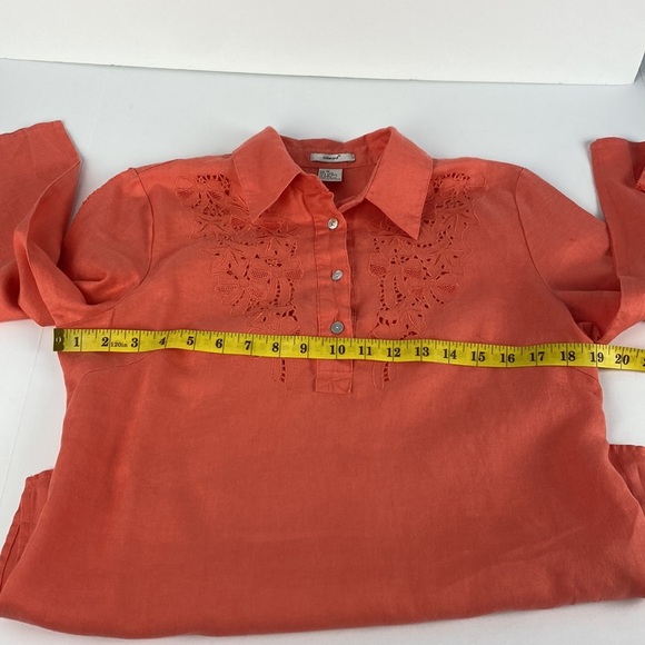 Orange 100% linen half sleeve breathable lightweight formal embroidered top sz M - Picture 5 of 8